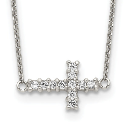 Sterling Silver Cubic Zirconia Sideways Cross Necklace 18"