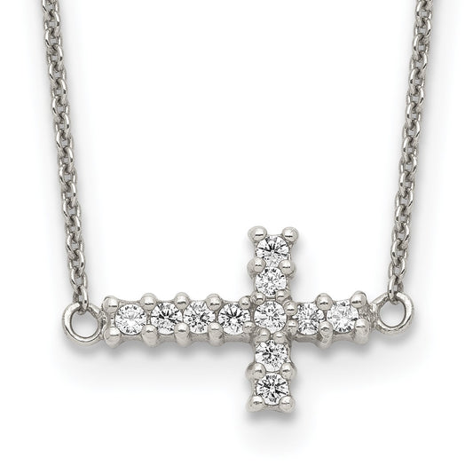 Sterling Silver Cubic Zirconia Sideways Cross Necklace 18"