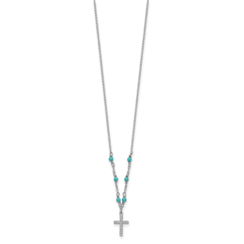 Sterling Silver Cubic Zirconia Cross Synth. Turquoise Necklace 16"