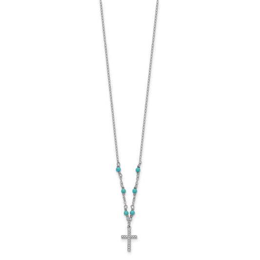 Sterling Silver Cubic Zirconia Cross Synth. Turquoise Necklace 16"