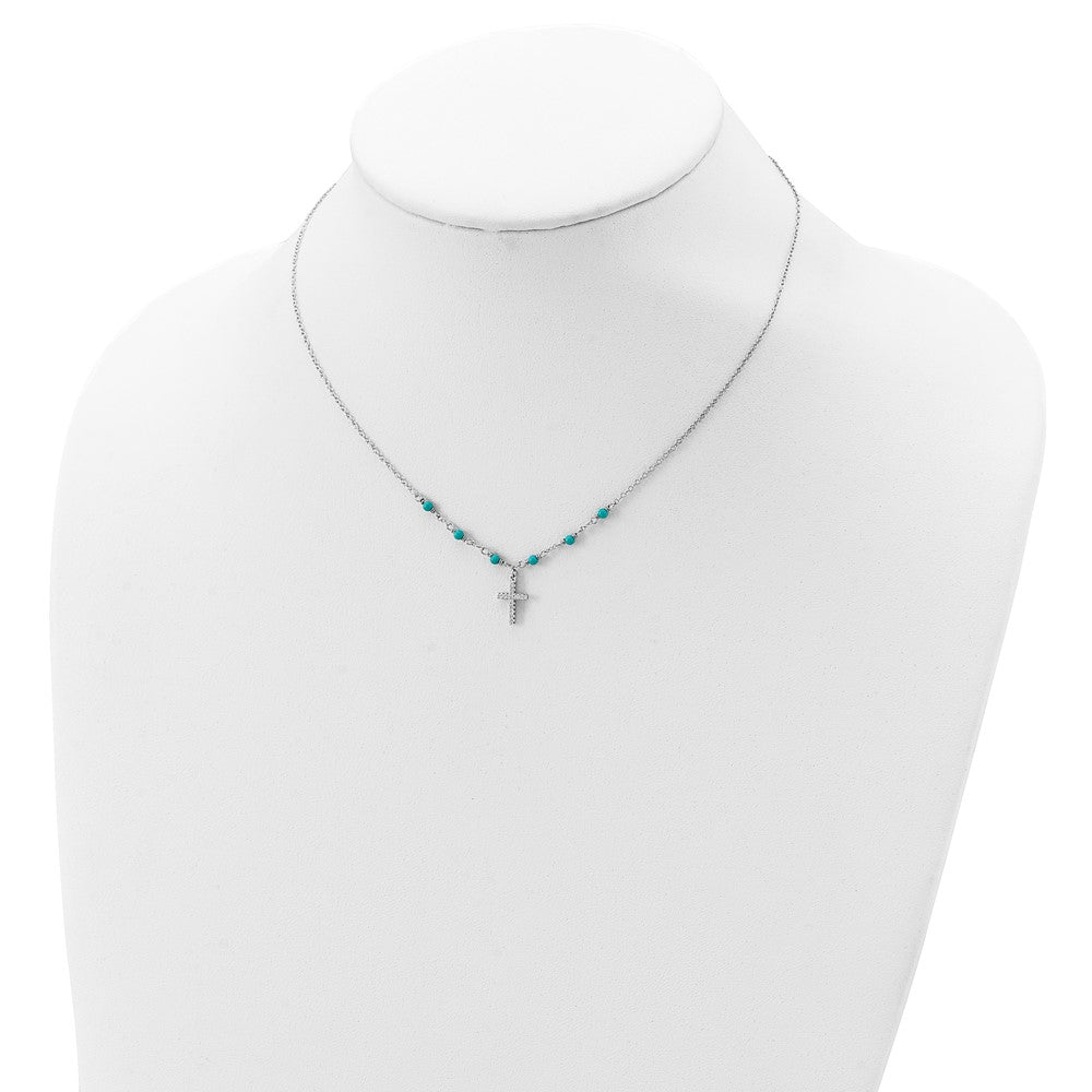 Sterling Silver Cubic Zirconia Cross Synth. Turquoise Necklace 16"