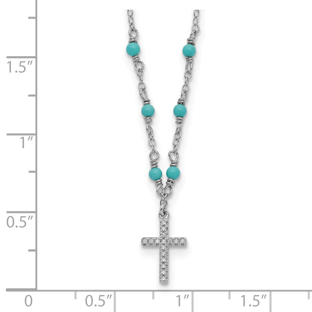 Sterling Silver Cubic Zirconia Cross Synth. Turquoise Necklace 16"