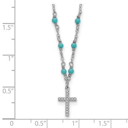 Sterling Silver Cubic Zirconia Cross Synth. Turquoise Necklace 16"