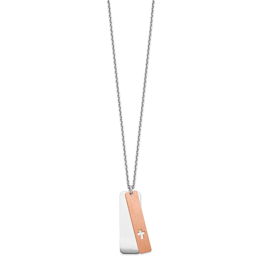 Sterling Silver Dogtag Rose-tone Cross Necklace 17"