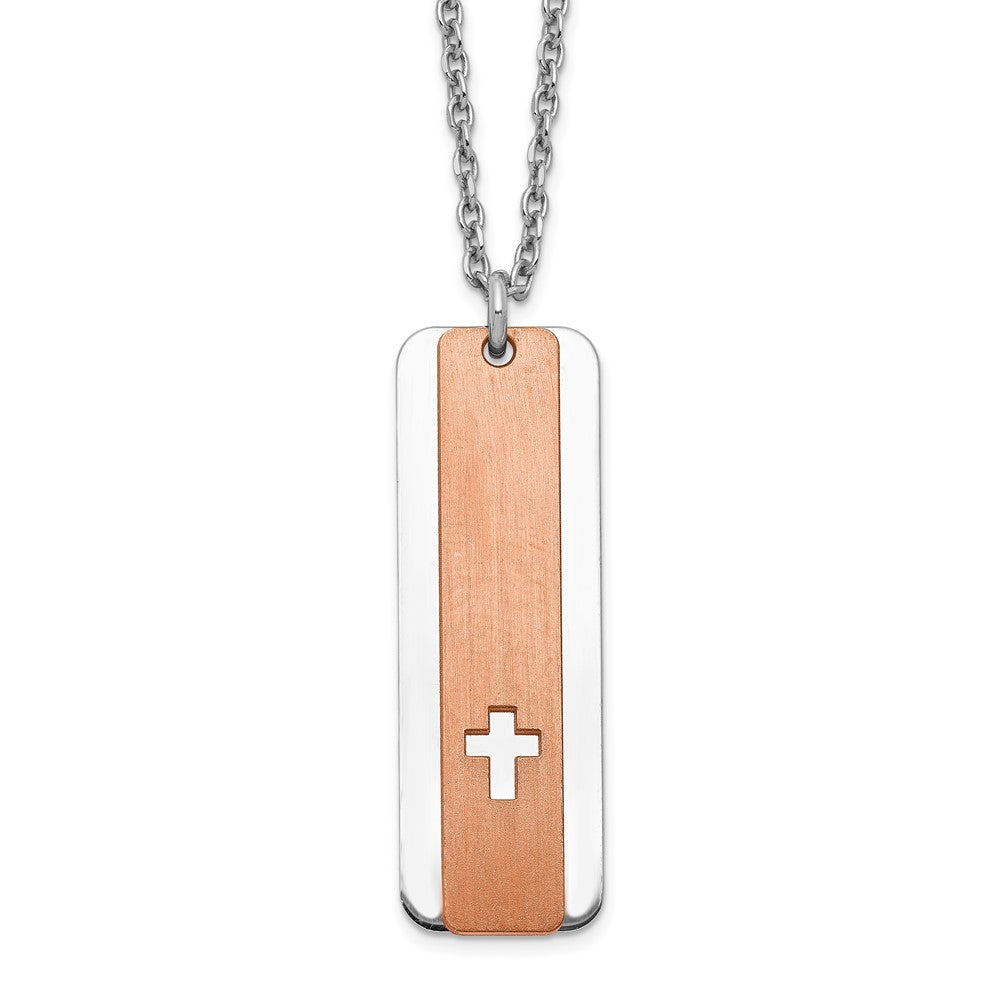 Sterling Silver Dogtag Rose-tone Cross Necklace 17"