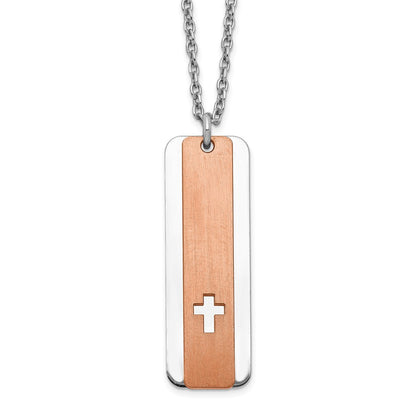 Sterling Silver Dogtag Rose-tone Cross Necklace 17"