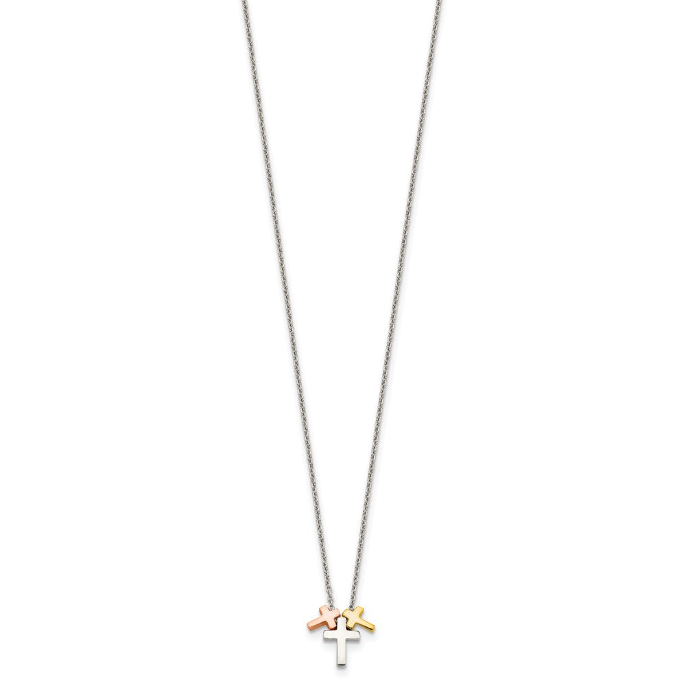 Sterling Silver Rose and Gold-tone 3-Cross Necklace 16"