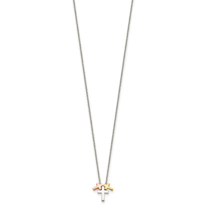 Sterling Silver Rose and Gold-tone 3-Cross Necklace 16"