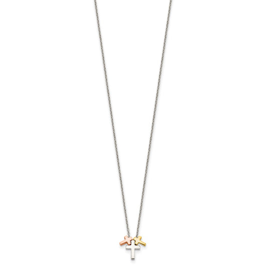 Sterling Silver Rose and Gold-tone 3-Cross Necklace 16"