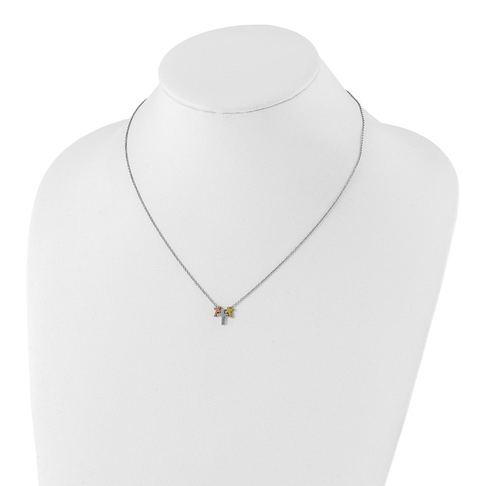 Sterling Silver Rose and Gold-tone 3-Cross Necklace 16"