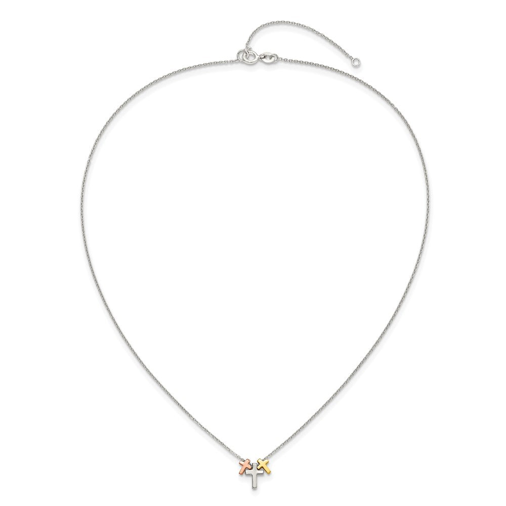 Sterling Silver Rose and Gold-tone 3-Cross Necklace 16"