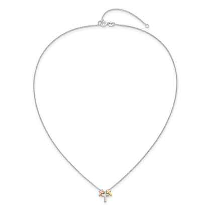 Sterling Silver Rose and Gold-tone 3-Cross Necklace 16"