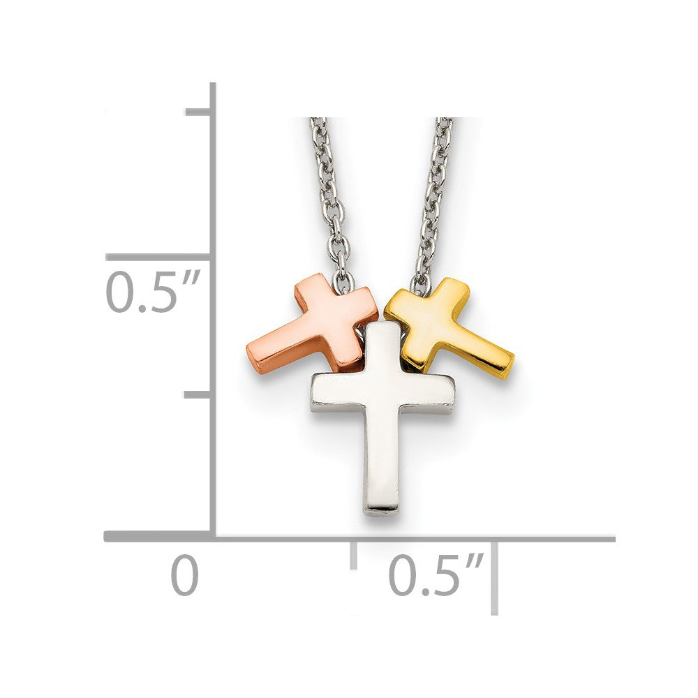 Sterling Silver Rose and Gold-tone 3-Cross Necklace 16"