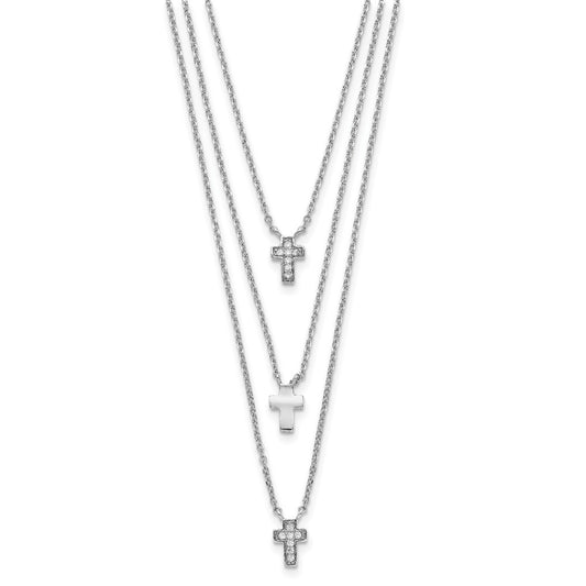 Sterling Silver Three Strand Cubic Zirconia Cross Necklace 16"