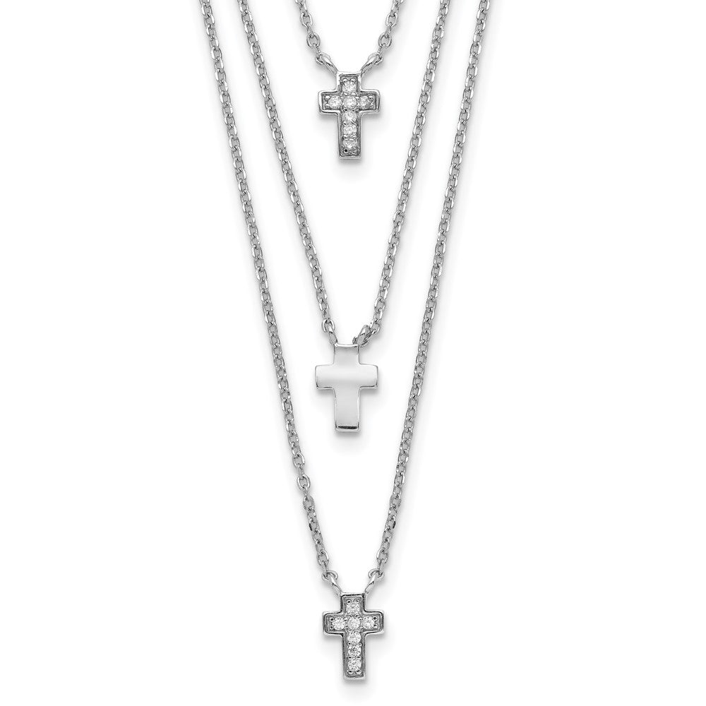 Sterling Silver Three Strand Cubic Zirconia Cross Necklace 16"