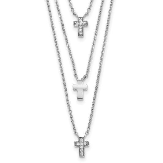 Sterling Silver Three Strand Cubic Zirconia Cross Necklace 16"