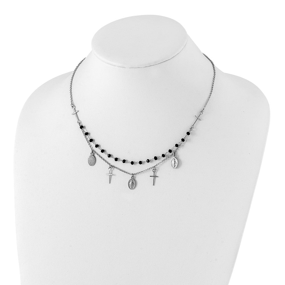 Sterling Silver Black Beaded Cross Miraculous Medal Necklace 17.5"