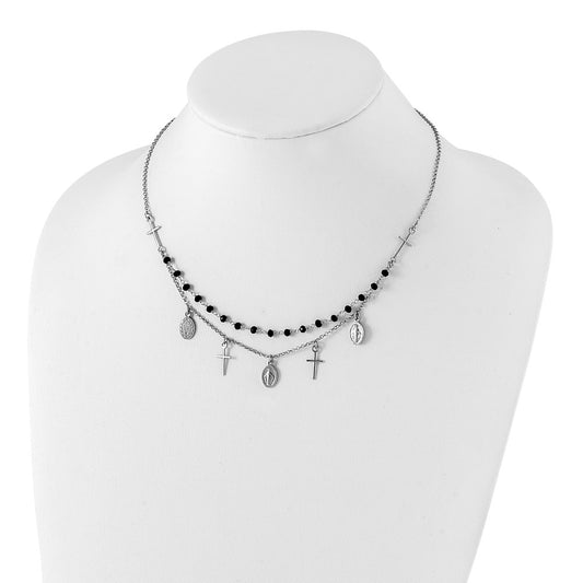 Sterling Silver Black Beaded Cross Miraculous Medal Necklace 17.5"