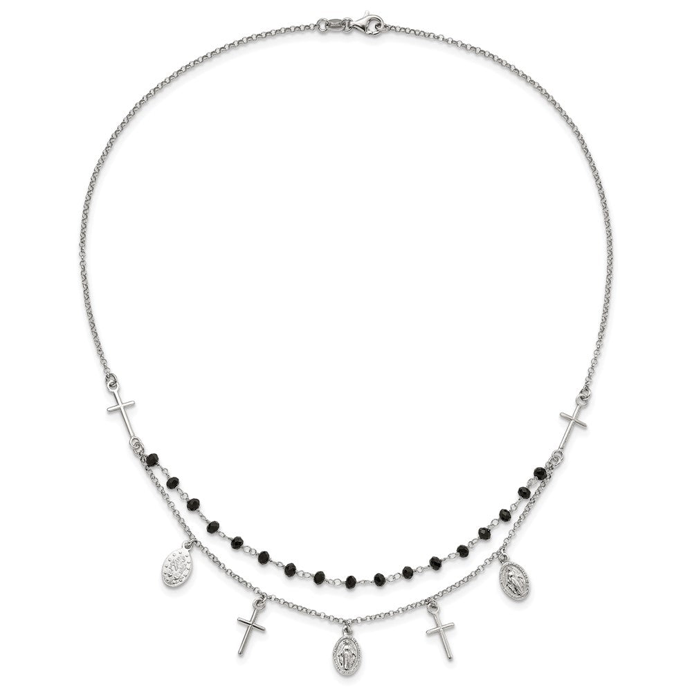 Sterling Silver Black Beaded Cross Miraculous Medal Necklace 17.5"