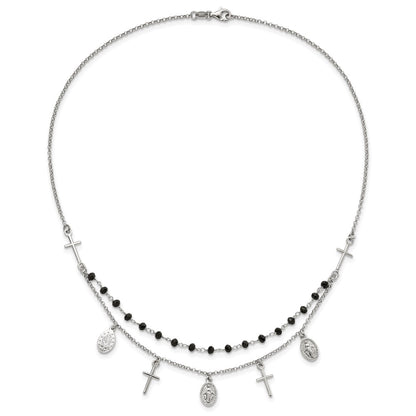 Sterling Silver Black Beaded Cross Miraculous Medal Necklace 17.5"