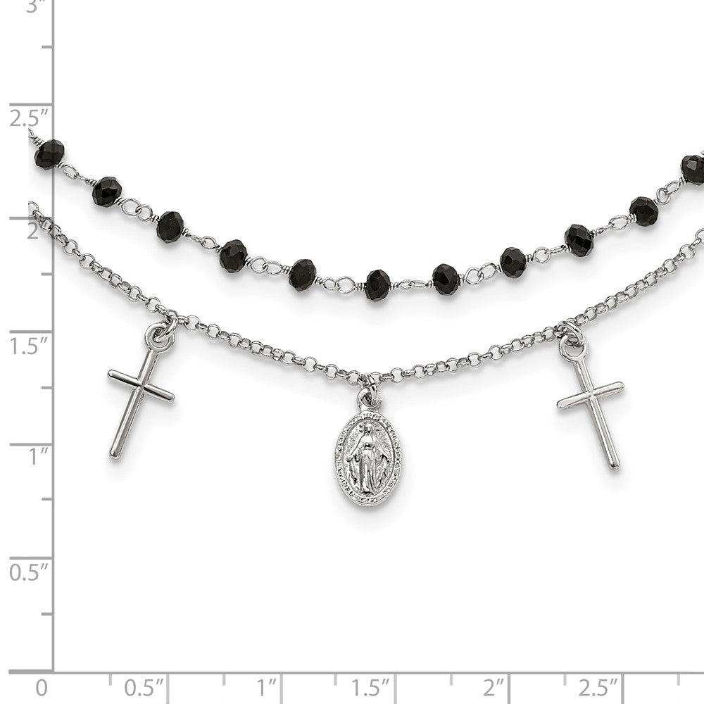 Sterling Silver Black Beaded Cross Miraculous Medal Necklace 17.5"