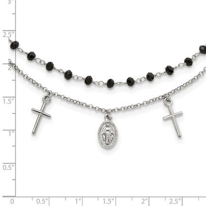 Sterling Silver Black Beaded Cross Miraculous Medal Necklace 17.5"