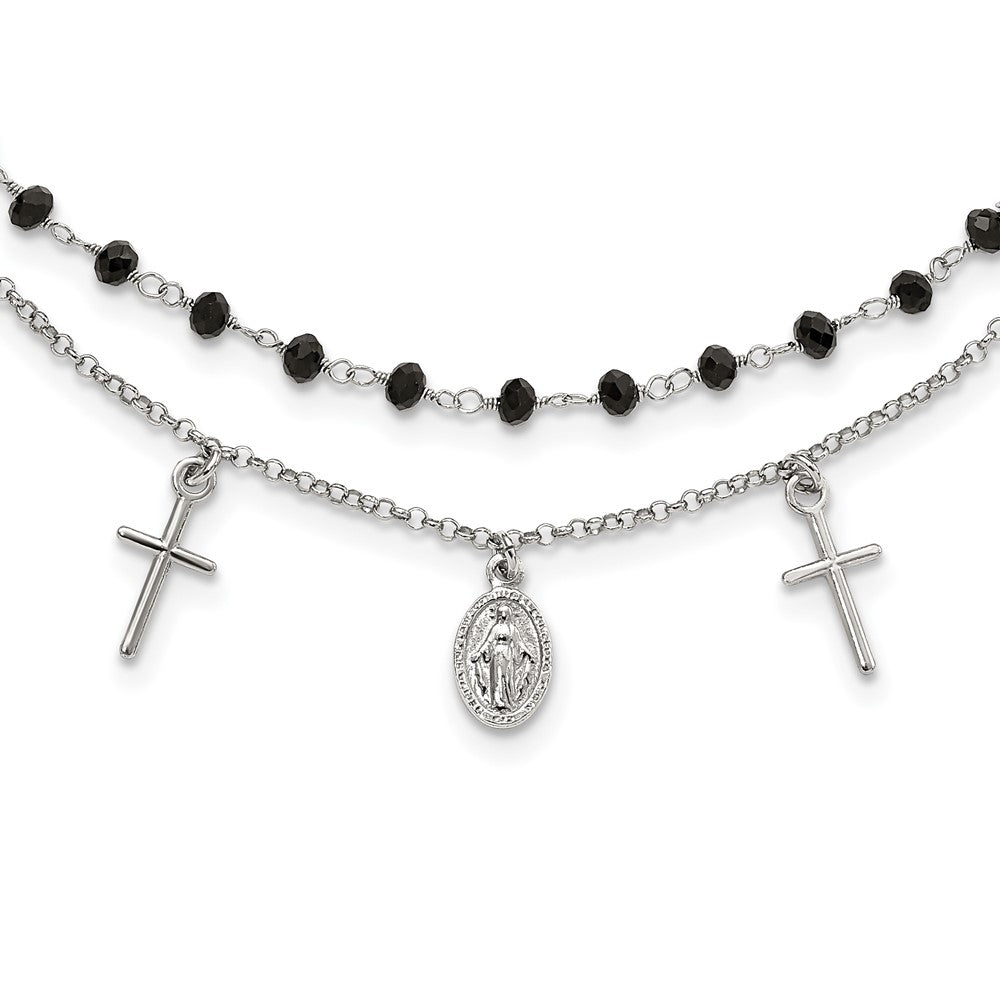 Sterling Silver Black Beaded Cross Miraculous Medal Necklace 17.5"