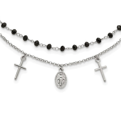 Sterling Silver Black Beaded Cross Miraculous Medal Necklace 17.5"