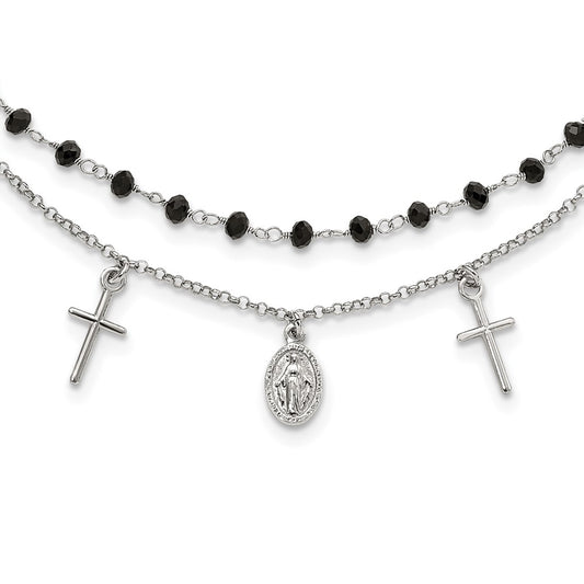 Sterling Silver Black Beaded Cross Miraculous Medal Necklace 17.5"