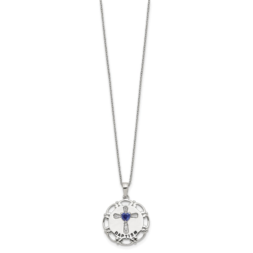 Sterling Silver Enameled Blue & Clear Cubic Zirconia Cross Necklace 17.5"