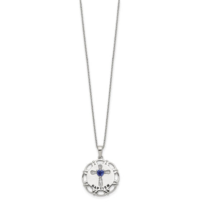 Sterling Silver Enameled Blue & Clear Cubic Zirconia Cross Necklace 17.5"