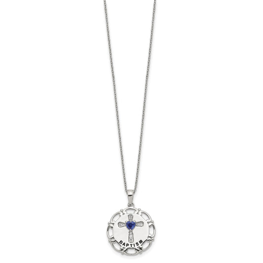 Sterling Silver Enameled Blue & Clear Cubic Zirconia Cross Necklace 17.5"
