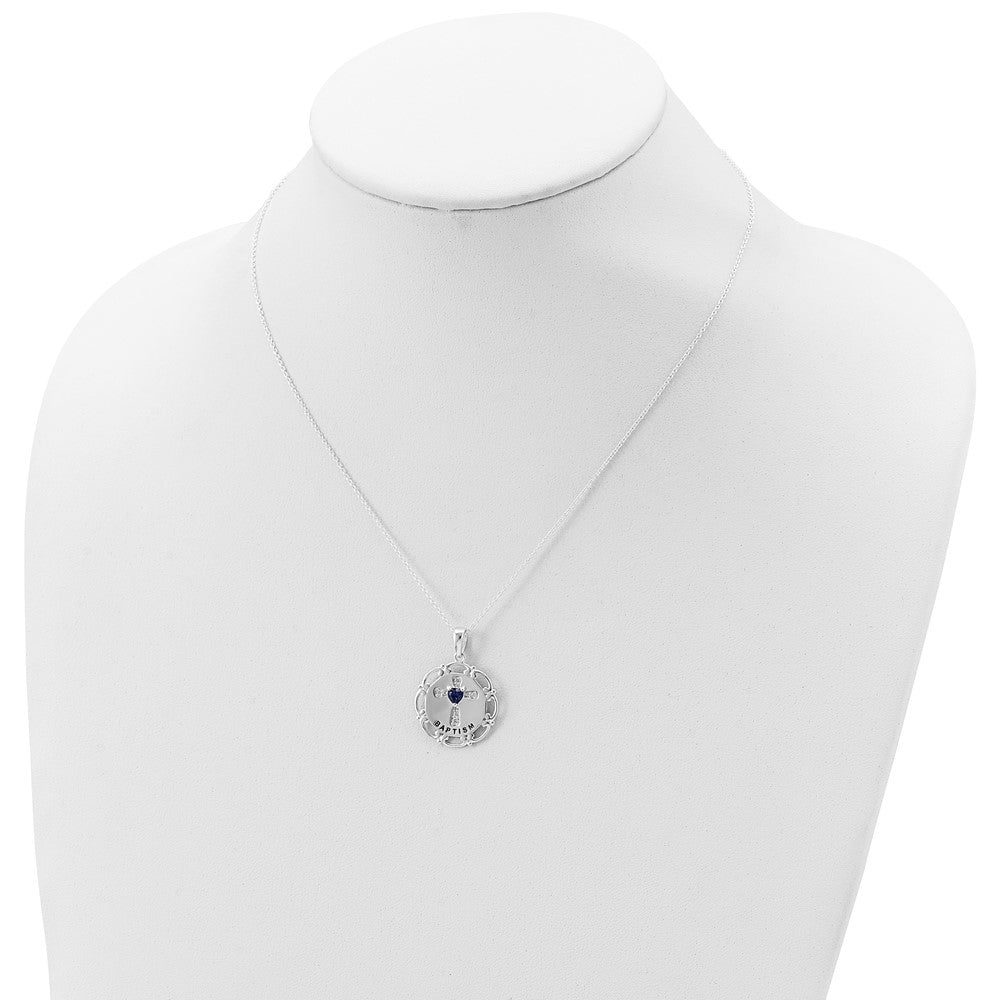 Sterling Silver Enameled Blue & Clear Cubic Zirconia Cross Necklace 17.5"