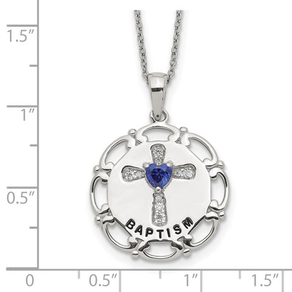 Sterling Silver Enameled Blue & Clear Cubic Zirconia Cross Necklace 17.5"