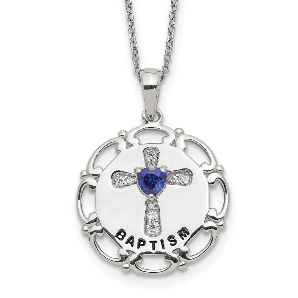 Sterling Silver Enameled Blue & Clear Cubic Zirconia Cross Necklace 17.5"