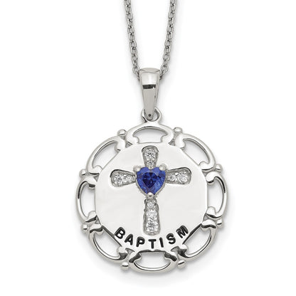 Sterling Silver Enameled Blue & Clear Cubic Zirconia Cross Necklace 17.5"