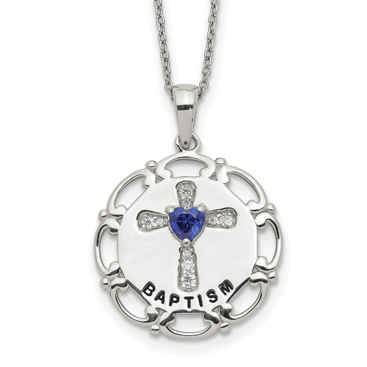 Sterling Silver Enameled Blue & Clear Cubic Zirconia Cross Necklace 17.5"