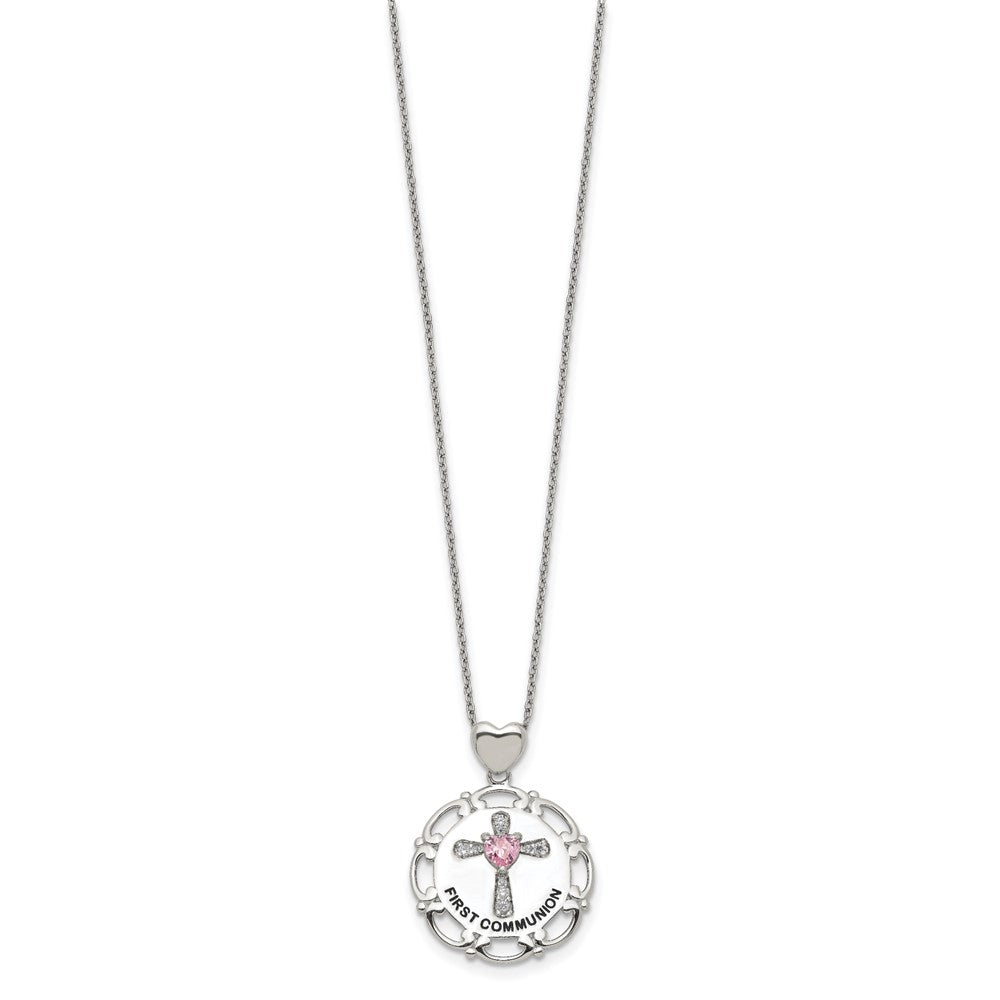 Sterling Silver Enameled Pink & Clear Cubic Zirconia Cross Necklace 17.5"
