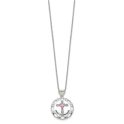 Sterling Silver Enameled Pink & Clear Cubic Zirconia Cross Necklace 17.5"
