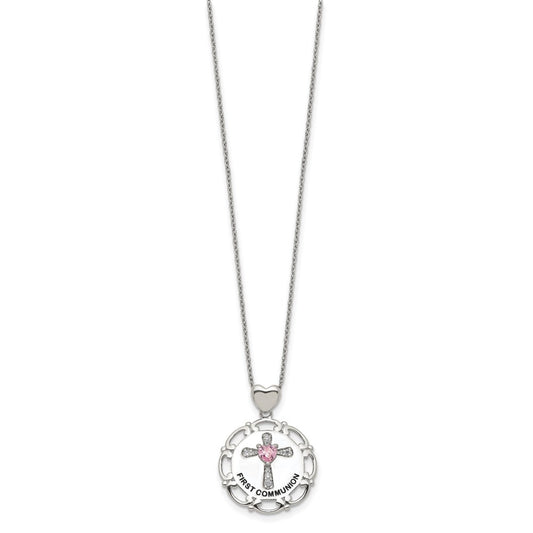 Sterling Silver Enameled Pink & Clear Cubic Zirconia Cross Necklace 17.5"