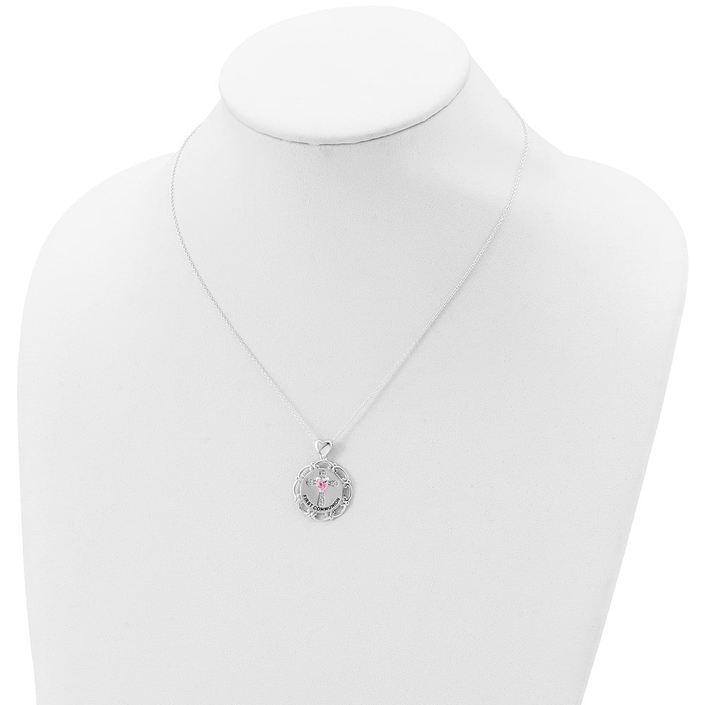 Sterling Silver Enameled Pink & Clear Cubic Zirconia Cross Necklace 17.5"