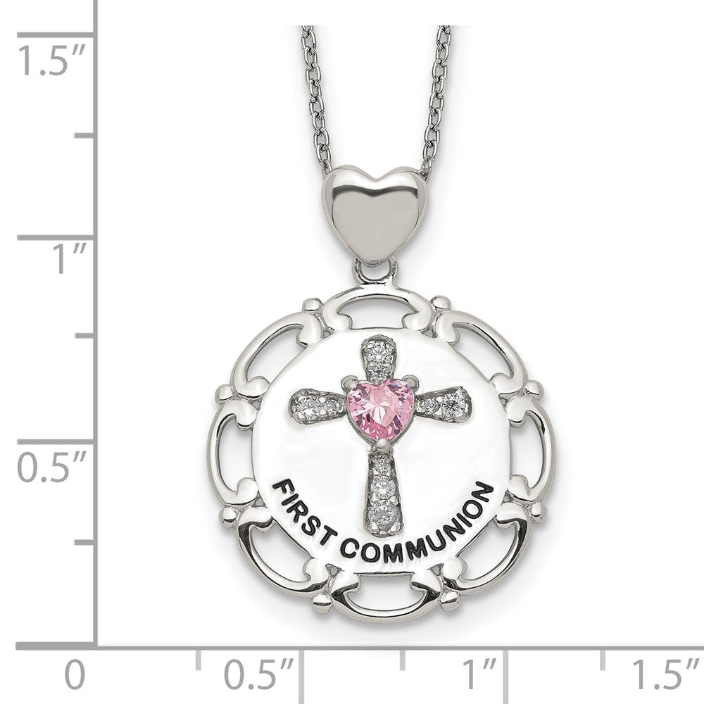 Sterling Silver Enameled Pink & Clear Cubic Zirconia Cross Necklace 17.5"
