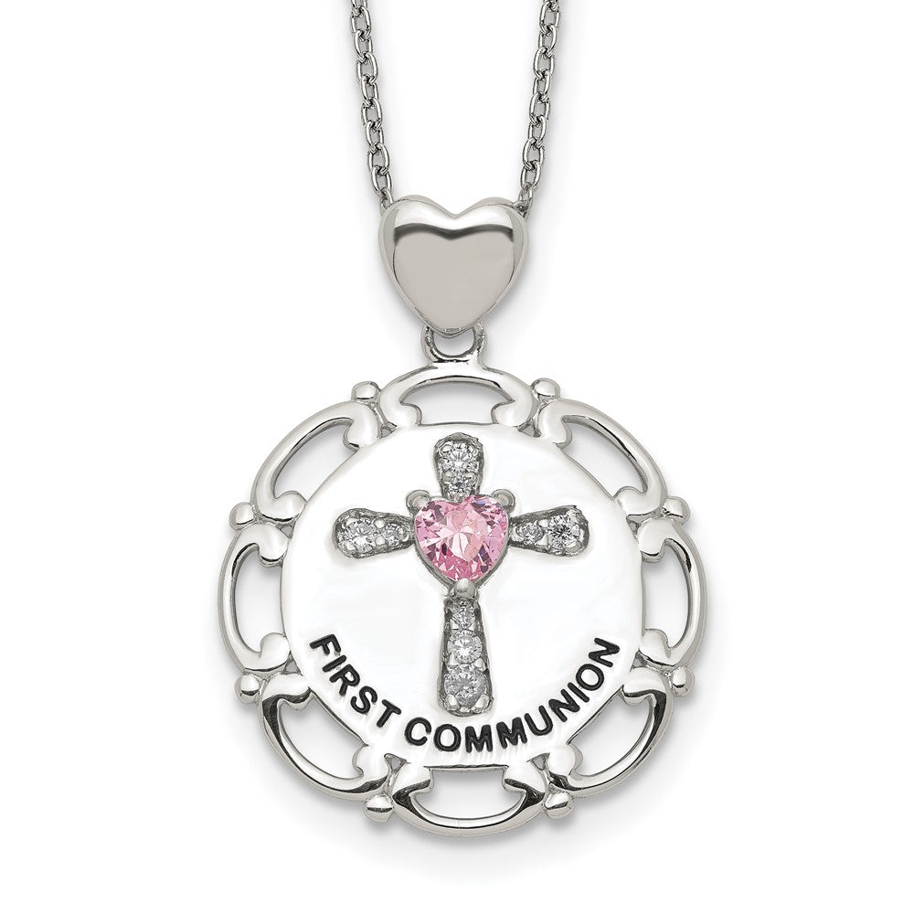 Sterling Silver Enameled Pink & Clear Cubic Zirconia Cross Necklace 17.5"