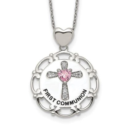 Sterling Silver Enameled Pink & Clear Cubic Zirconia Cross Necklace 17.5"