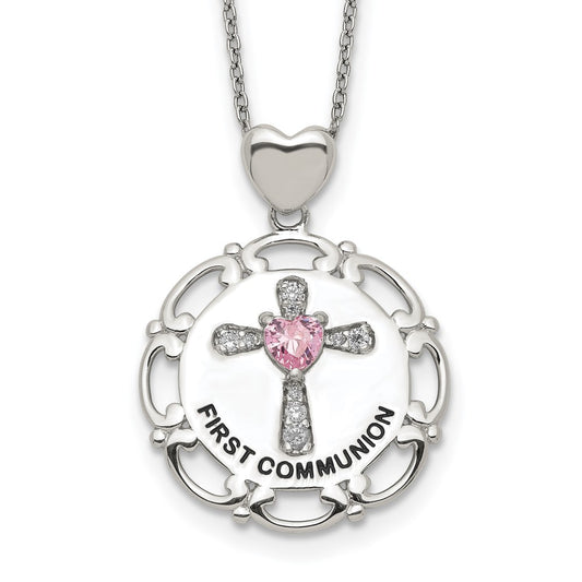 Sterling Silver Enameled Pink & Clear Cubic Zirconia Cross Necklace 17.5"