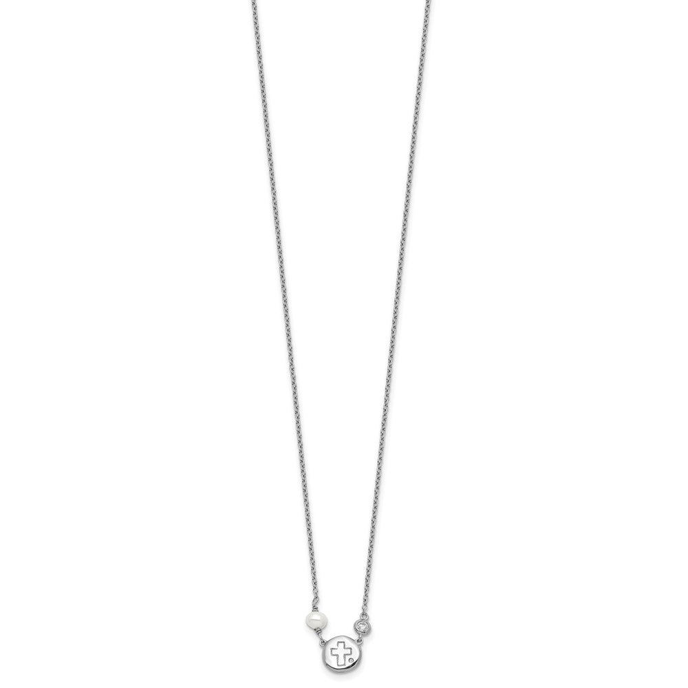 Sterling Silver Cubic Zirconia & Cultured Pearl Cross Necklace 16"