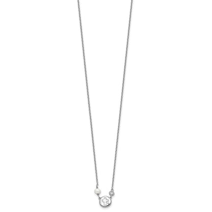 Sterling Silver Cubic Zirconia & Cultured Pearl Cross Necklace 16"