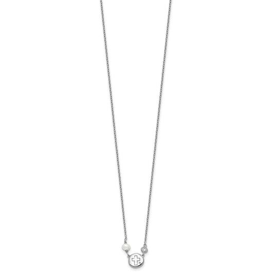 Sterling Silver Cubic Zirconia & Cultured Pearl Cross Necklace 16"