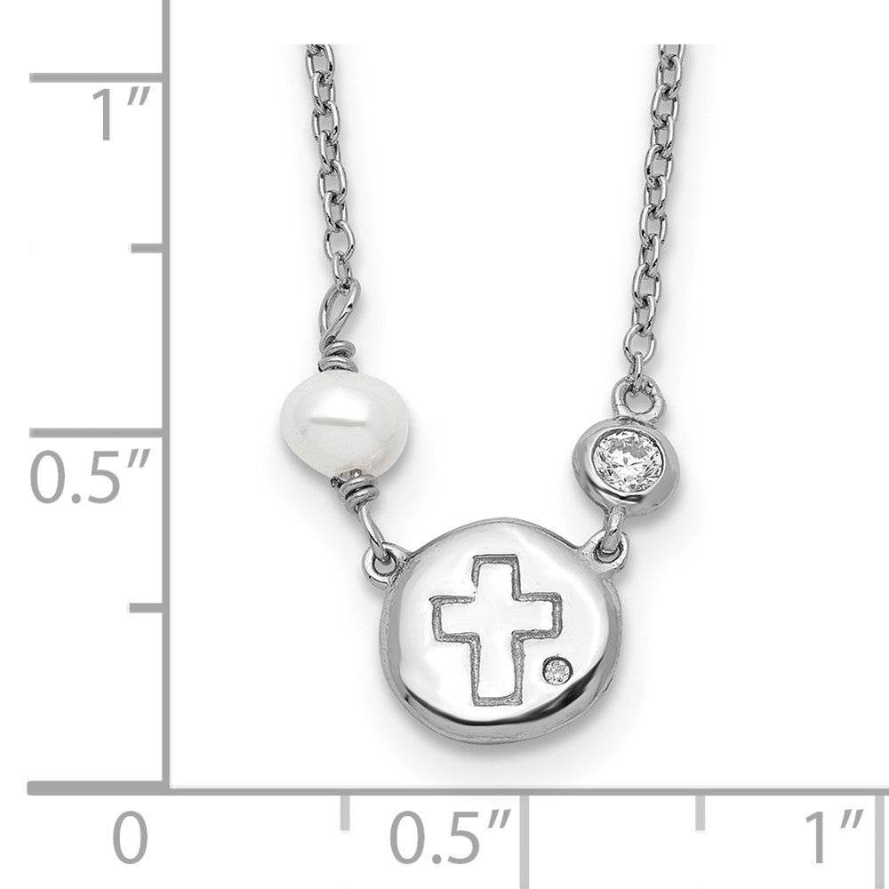 Sterling Silver Cubic Zirconia & Cultured Pearl Cross Necklace 16"