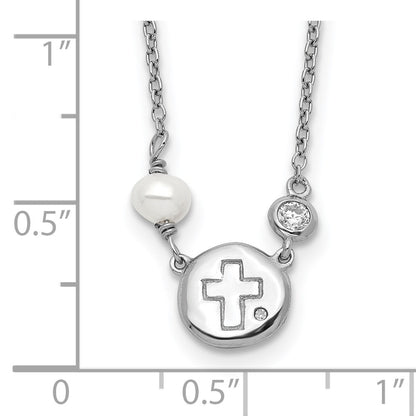 Sterling Silver Cubic Zirconia & Cultured Pearl Cross Necklace 16"